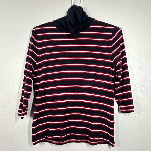 Tommy Hilfiger Sweaters - Tommy Hilfiger Womens Black Red Striped Cowl Neck Tunic Sweater L